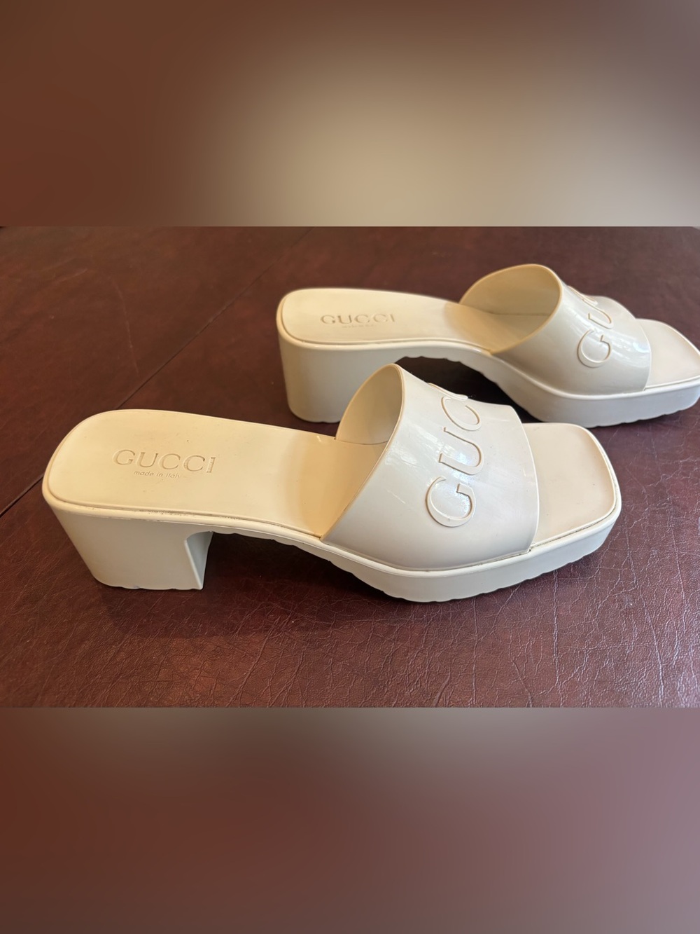 Gucci Rubber Mystic White Logo Platform Slide Sandals